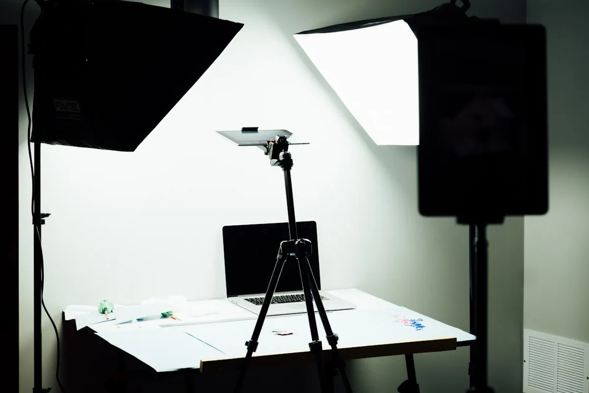 Două softbox-uri mari luminând un mic set de filmat, cu un laptop montat pe un stativ